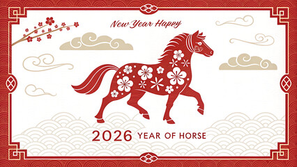 A festive Chinese new year of the horse 2026 illustration with red horse and floral patterns