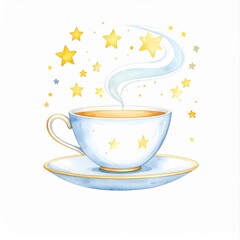 Watercolor Tea Cup with Golden Stars and Steam on White Background Illustration