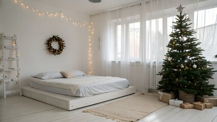 Sheer Linen Curtains and Simple Christmas Tree in Minimalist Room