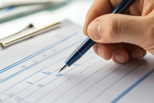 3D render of a person assessing performance with checklist, scoring marks with pen