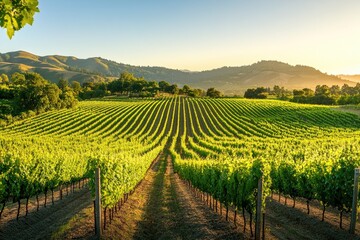 Fototapeta premium Lush vineyard rows stretch towards a tranquil horizon at sunrise. Sunlight bathes the vibrant green foliage of grapevines, creating a picturesque landscape of rolling hills