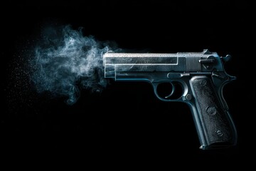 Naklejka premium Firing pistol releases smoke against dark backdrop. Law,crime,violence imagery