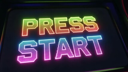 Illuminated press start sign with retro gaming inspiration. Press start button with neon glow, showing bright letters with vintage arcade aesthetic. Conceptual press start illustration used as banner, - Powered by Adobe