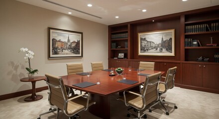 Fototapeta premium A sophisticated office conference room features a square wooden table surrounded by chairs, paintings, & bookshelves