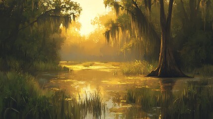 A serene swampscape featuring high grass and quiet water spots.