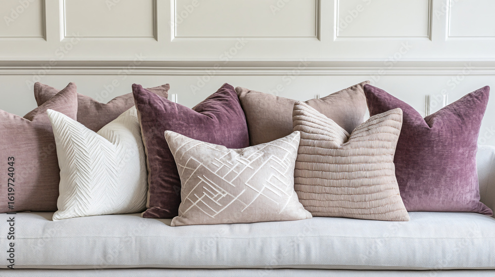 Poster cozy couch surrounded by an array of soft pillows creating an inviting and comfortable living space