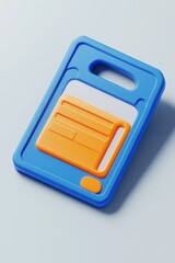 Blue rectangular object with orange details, resembling a digital notepad or phone