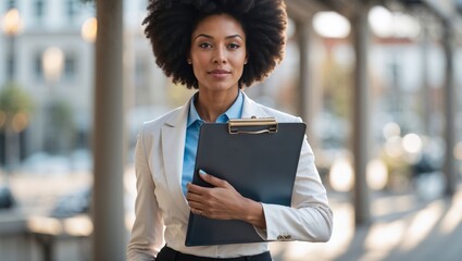 Afro businesswoman holding clipboard outdoors at the street. Girl boss businesswoman professional corporate concept