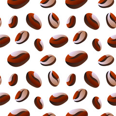 This design showcases an array of coffee beans scattered across a white background, creating a vibrant and energetic pattern perfect for textiles, wallpapers, or branding materials.