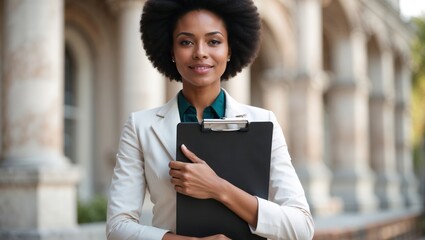 Afro businesswoman holding clipboard outdoors at the street. Girl boss businesswoman professional corporate concept