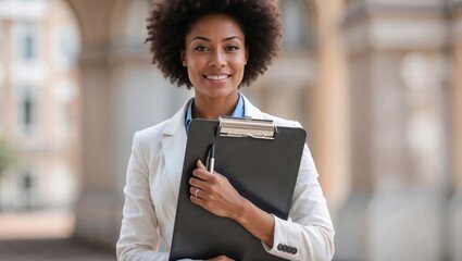 Afro businesswoman holding clipboard outdoors at the street. Girl boss businesswoman professional corporate concept