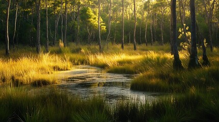 A calm wetland filled with reeds and motionless water pools.