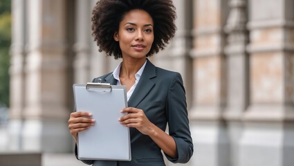 Afro businesswoman holding clipboard outdoors at the street. Girl boss businesswoman professional corporate concept
