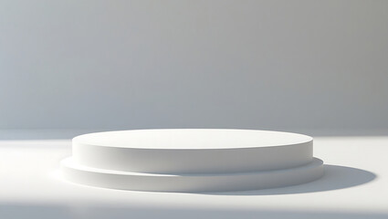 Minimalist white cylindrical podium with dramatic lighting and soft shadow.