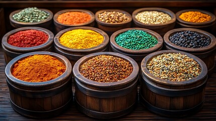Fototapeta premium Wooden barrels filled with various colorful spices and grains.