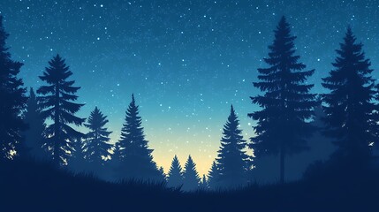 A peaceful forest bathed in moonlight beneath a starry sky.
