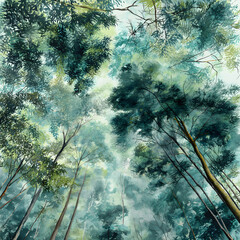 A painting of a forest with trees and a sky
