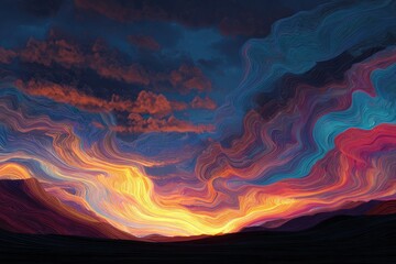 Abstract sunset landscape with swirling, vibrant colors