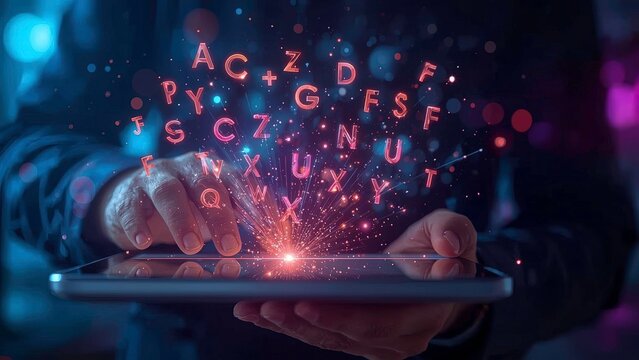 A close-up of a person's hands interacting with a digital tablet, with glowing letters and symbols (A-Z) emerging in 3D above the screen in a colorful, dynamic burst of light.