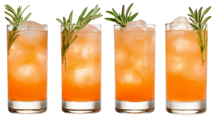 Four glasses of refreshing orange cocktail with aromatic rosemary garnish on a rustic wooden table.