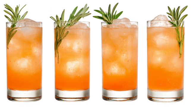 Four glasses of refreshing orange cocktail with aromatic rosemary garnish on a rustic wooden table.