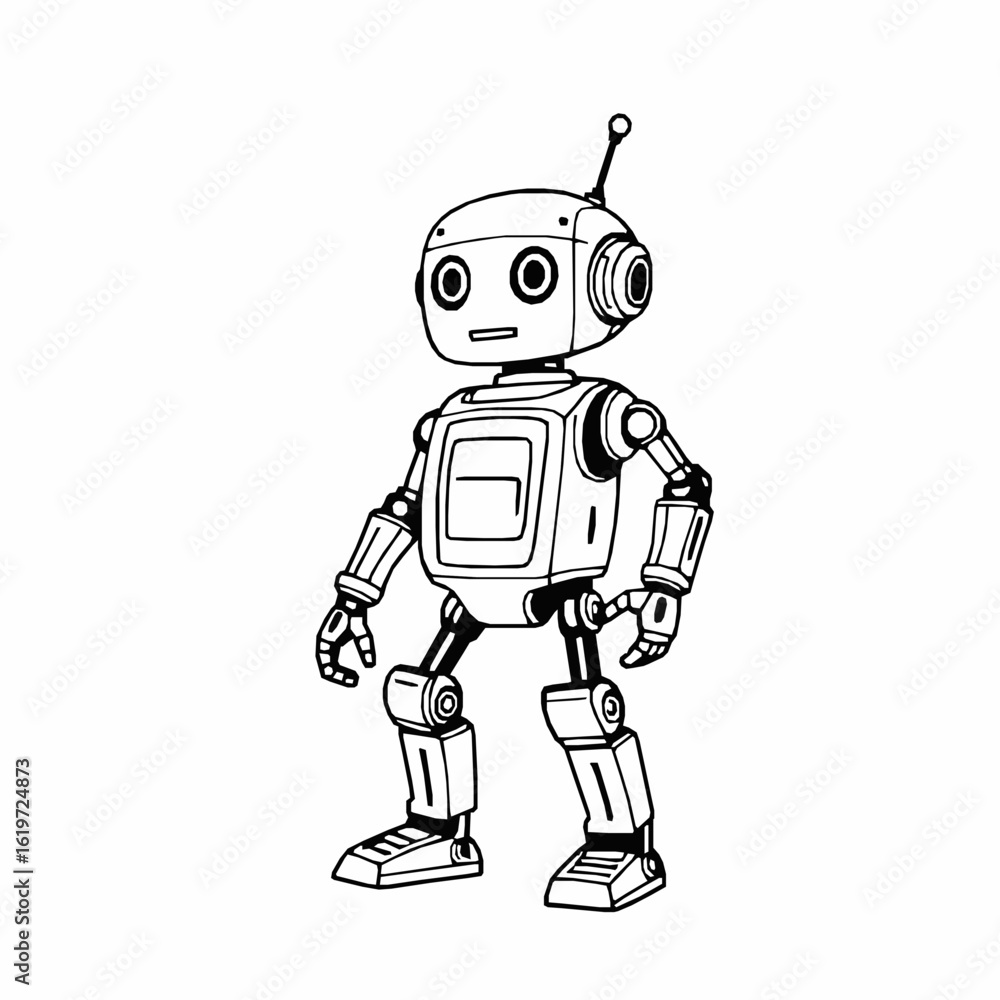 Poster black and white line art drawing of a friendly cartoon robot standing character android