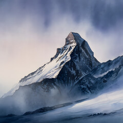 A mountain with a snow covered peak