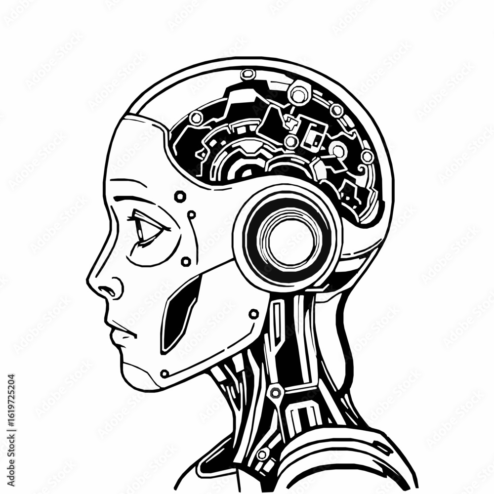 Aufkleber black and white robot head profile with exposed mechanical brain and circuits android cyborg