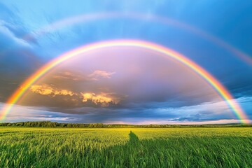 A vibrant double rainbow arches over a field of green wheat on a dramatic, cloudy sky