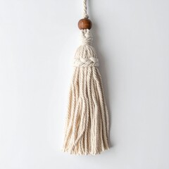 Detailed Macrame Beige Cotton Tassel with Wooden Bead on White Background