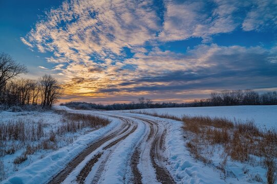 Winter sunset over a snow-covered rural road.  A winding dirt track leads through a snowy field towards a vibrant winter sunset.  Bare trees line the edges of the field.