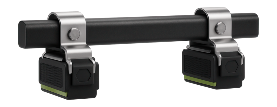 Steel snow bar with rubberized pads to minimize damage on standing seam roofs