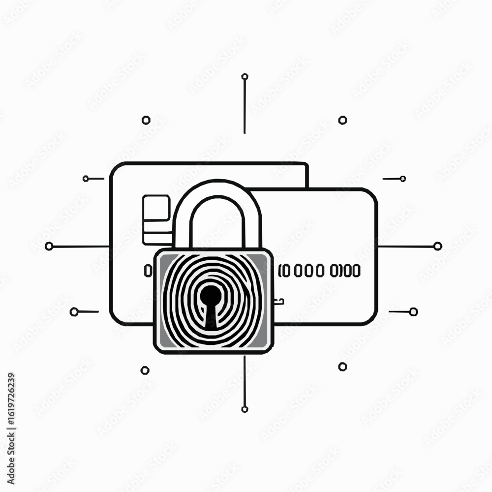Poster credit card security lock with fingerprint and circuit lines padlock