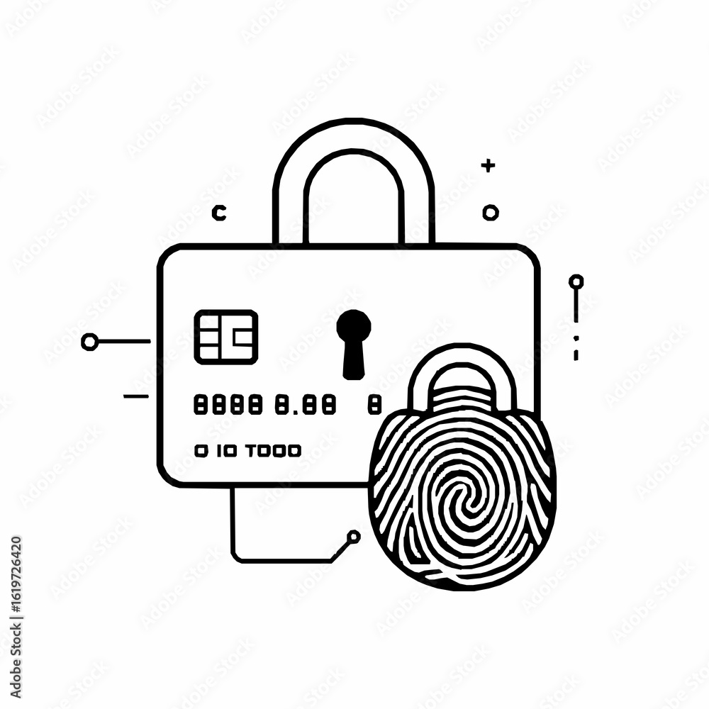 Poster credit card security lock and fingerprint icon with circuit lines vector