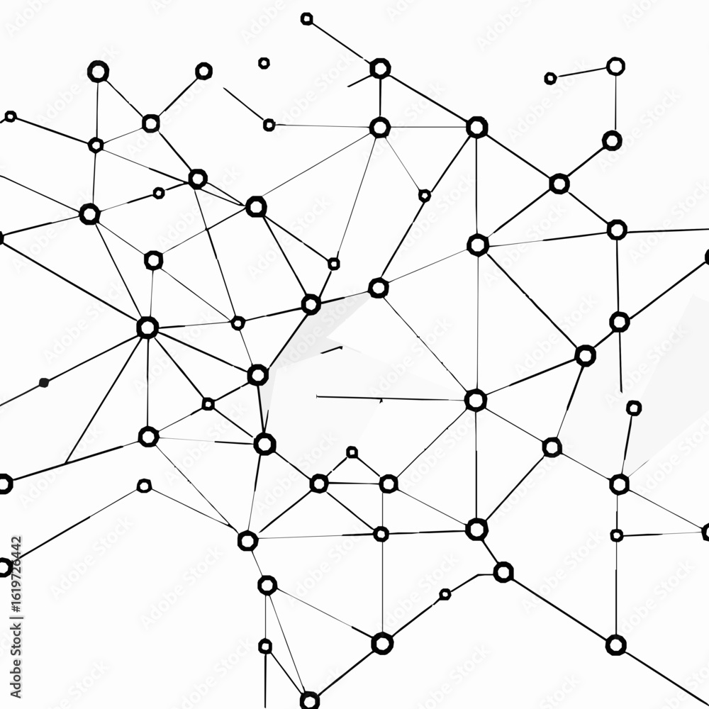 Poster black and white abstract network of connected circles and lines connection technology