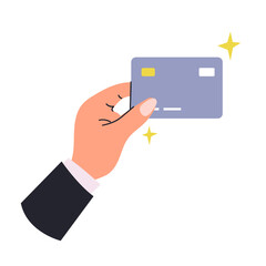 Hand holding bank credit card illustration, vector design for posters, banners, cards, isolated on white background. Online shopping, wireless payment, business, finance, commerce concept 