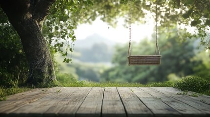A nostalgic wooden swing hangs serenely under a grand old tree inviting quiet moments of reflection in a lush green