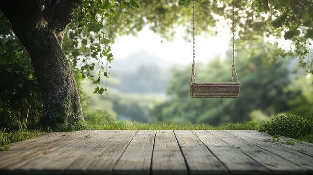A nostalgic wooden swing hangs serenely under a grand old tree inviting quiet moments of reflection in a lush green