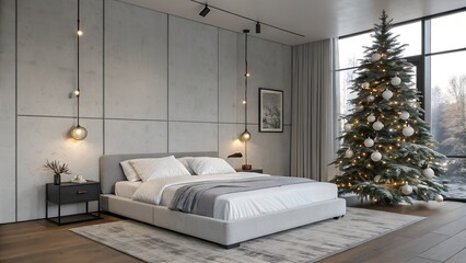 Modern Gray Bedroom with Silver Christmas Tree and Fairy Lights
