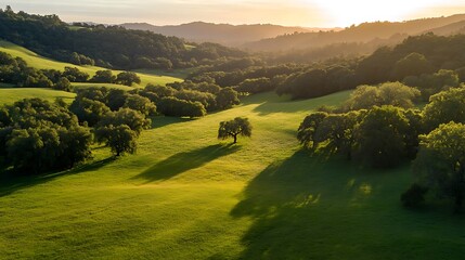 A wide grassy plain leading toward tree-covered hills.