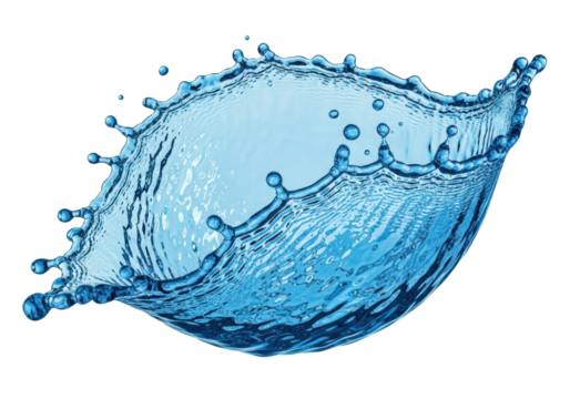 Crystal clear vibrant azure blue water splash with thousands of droplets and intricate wave patterns frozen mid-air, isolated on a pristine transparent studio background with no shadows, perfect