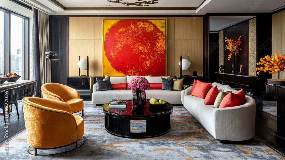 Poster beautiful living room with a large statement painting adding character and style to the space