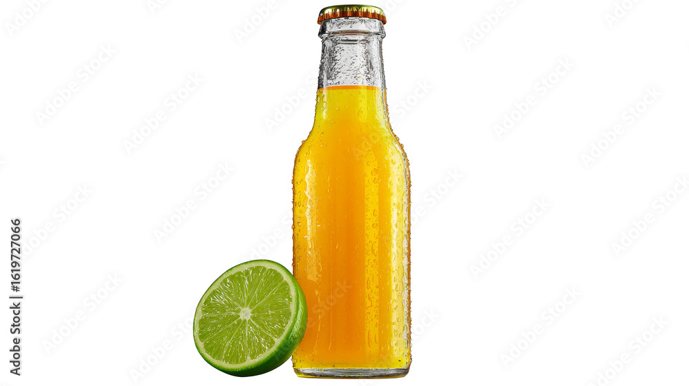 Poster invigorating orange juice with a zesty lime slice, refreshing citrus delight refreshing.