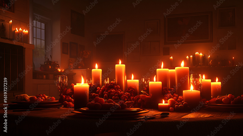 Poster vibrant table display featuring candles and fresh fruit creating a lively and inviting atmosphere