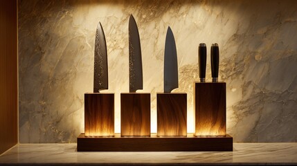 Artistic Display of Chef Knives with Wooden Base and Ambient Lighting in Modern Kitchen. High quality