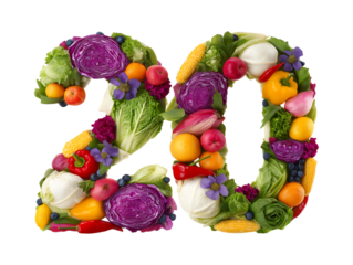 the number 20 of colorful fresh fruits and vegetables isolated on a transparent background