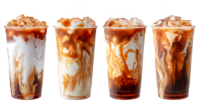 Four glasses of refreshing iced coffee with ice cubes on a table, cool summer beverage.