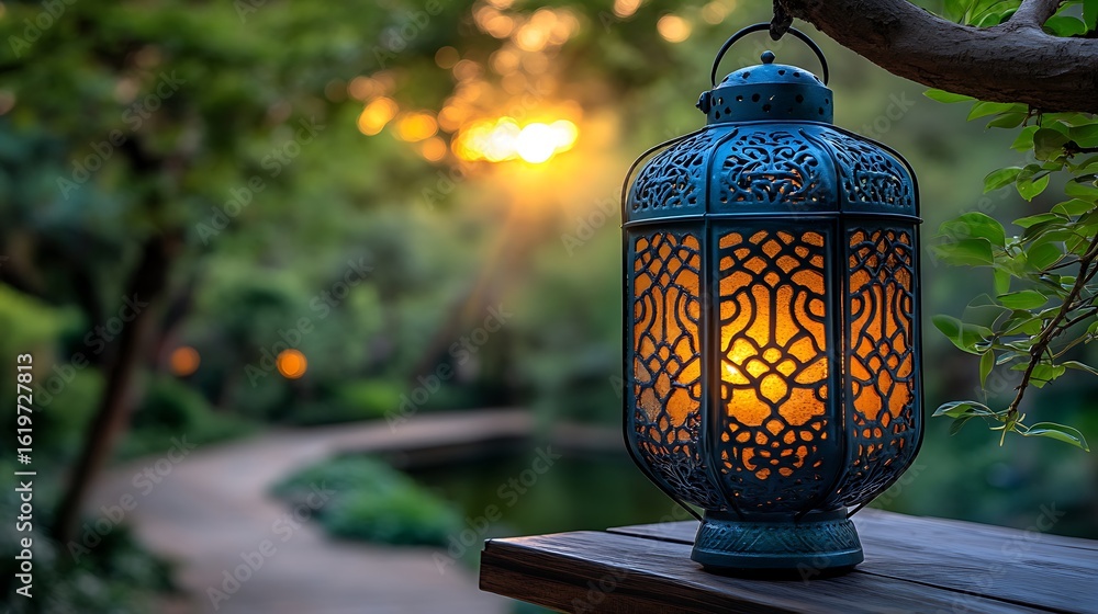 Poster teal lantern with intricate design in a garden setting.