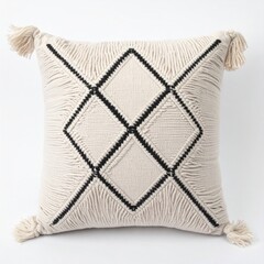 Square Beige Throw Pillow with Black Diamond Pattern and Tassels on White