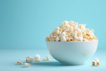 Bowl of popcorn on blue background for movie and entertainment theme.  White bowl full of popcorn on light blue background, cinema and TV snack concept